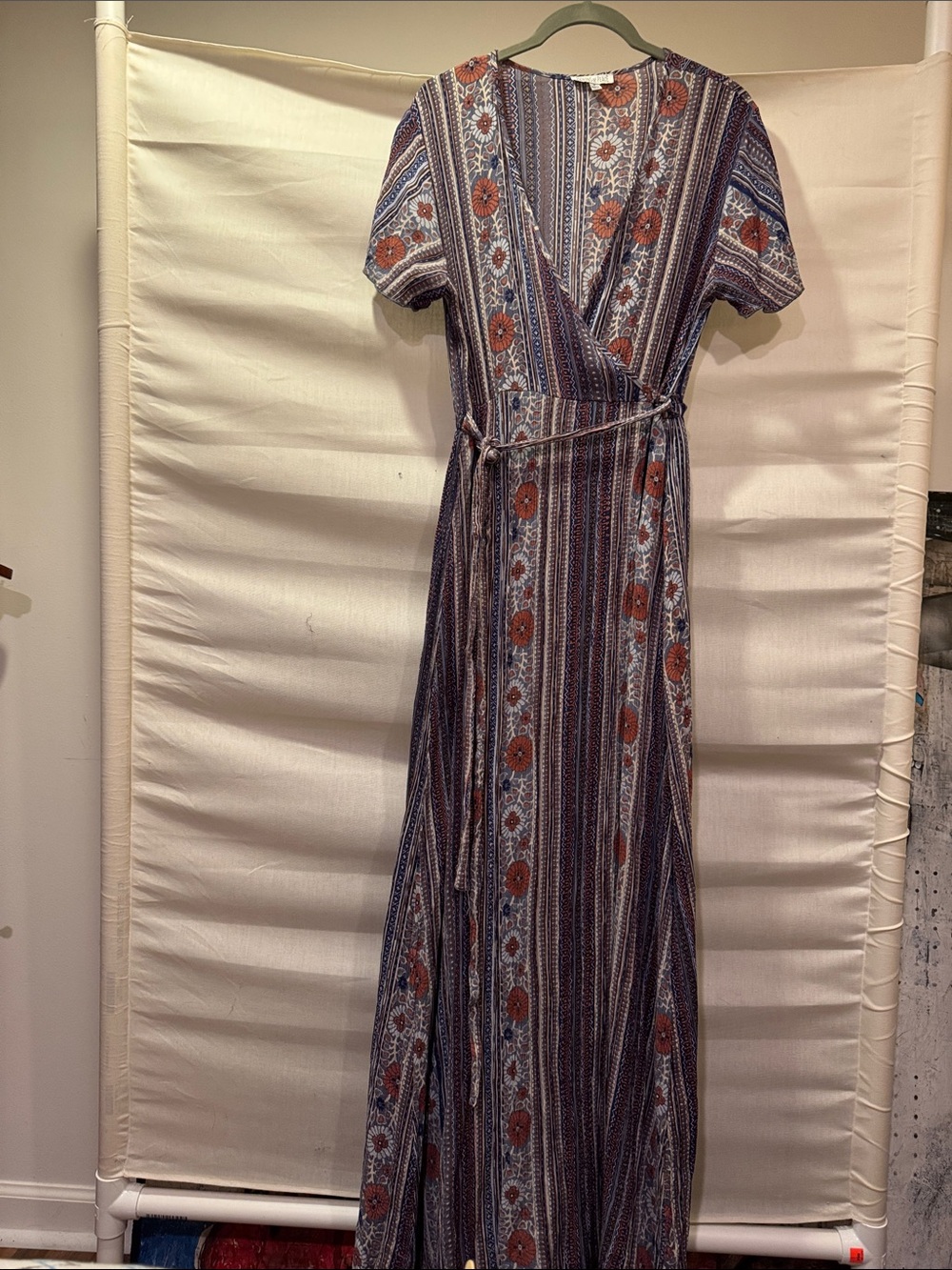 Patrons of Peace Blue & Rust Boho Wrap Maxi Dress Size M